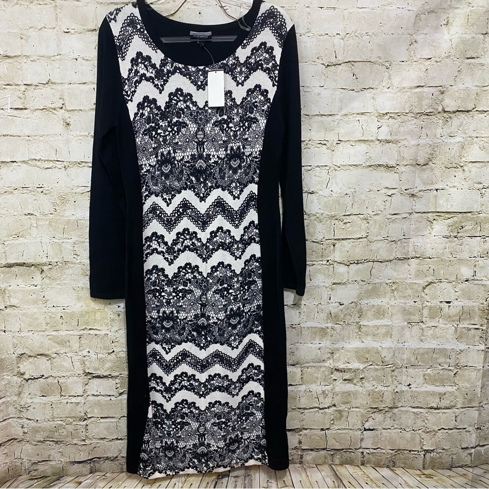 NWT Allison Britney Black White Floral Print Long Sleeve Midi Sweater Dr…